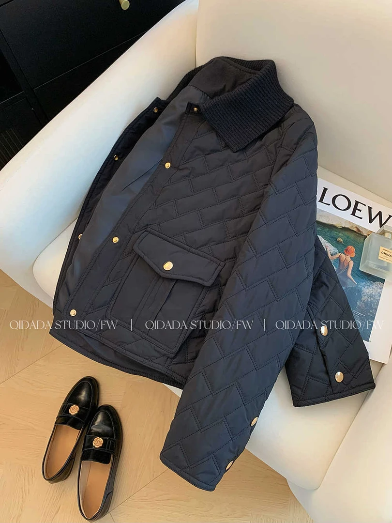 黑色polo领菱格夹棉工装棉衣棉服女冬季2025新款宽松小众设计感