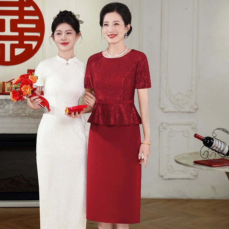 婚庆礼服婚礼年轻喜婆婆妈妈修身连衣裙2025新款春夏红色旗袍