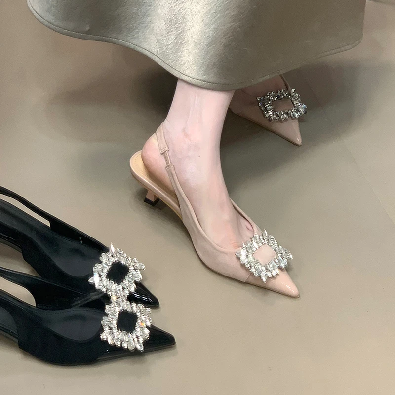 气质尖头水钻包头凉鞋夏季新款细跟通勤后绊带高跟鞋名媛风