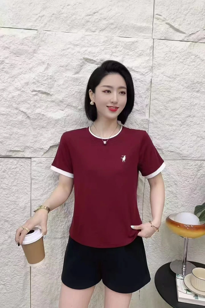 001圆领短袖t恤女2025新款夏季爆款女装正肩显瘦半袖上衣