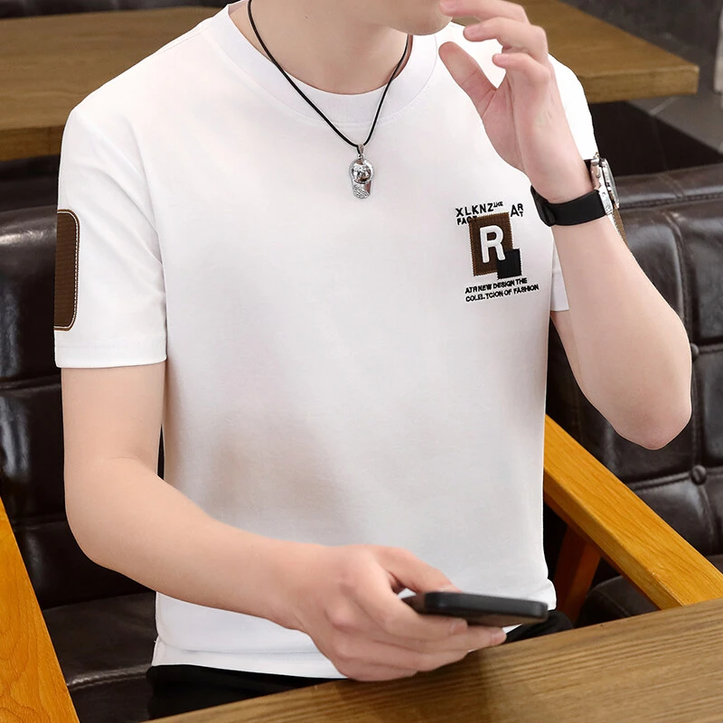 孙尚男士夏季新款刺绣休闲短袖拼接透气圆领简约时尚百搭t恤2576