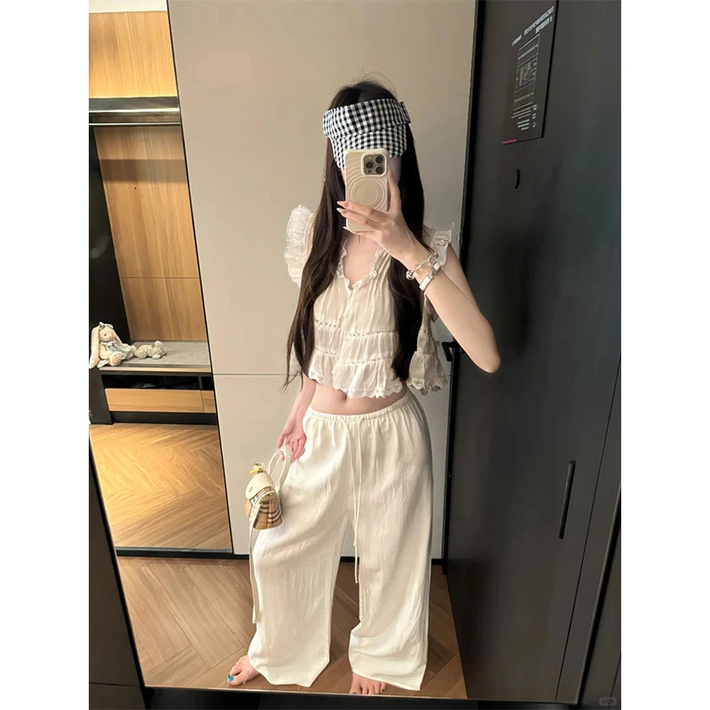 夏季法式纯欲风修身显瘦短款上衣休闲宽松百搭时尚简约直筒长裤女