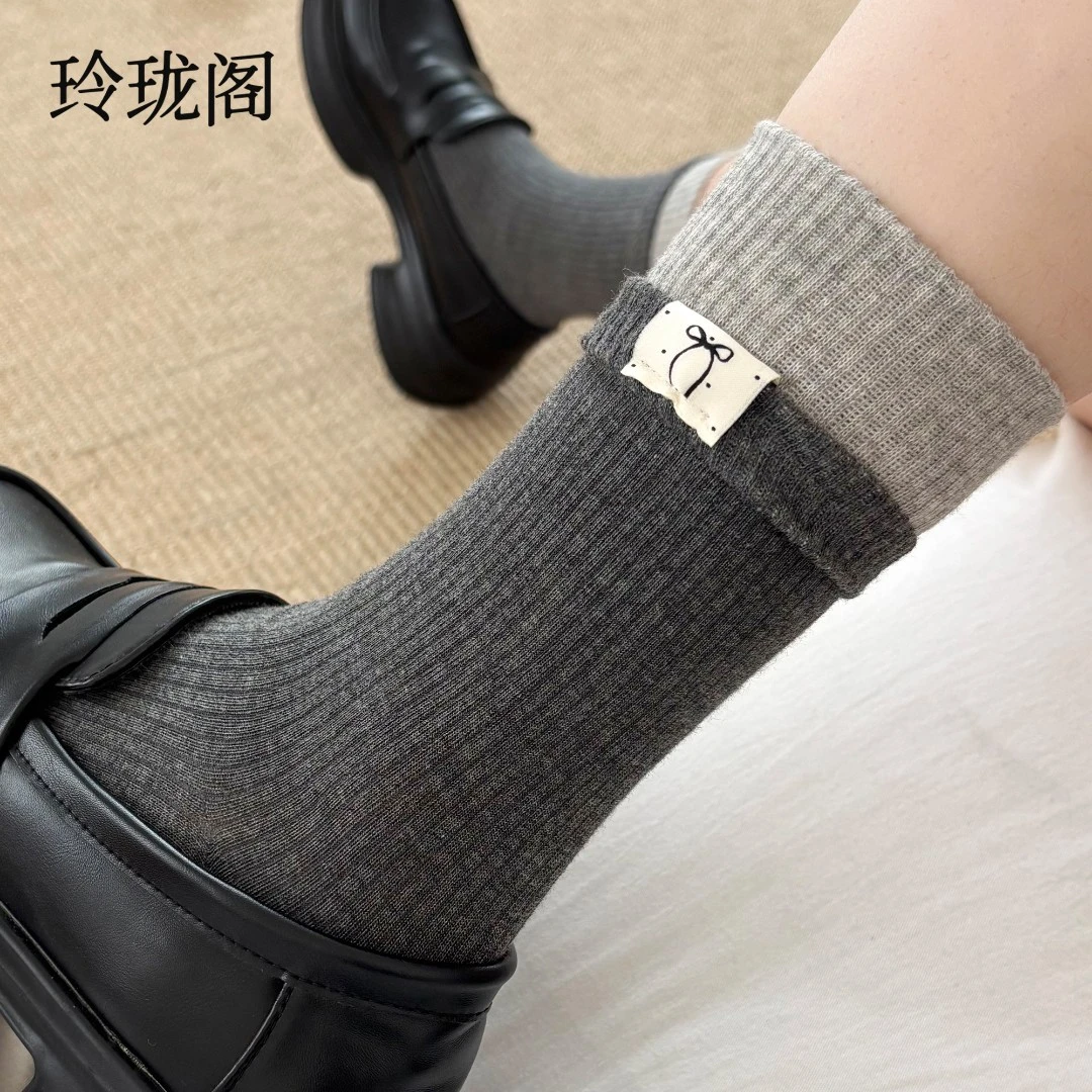 拼接撞色双罗口袜子女2025新款蝴蝶结布标中筒袜春秋季纯棉堆堆袜