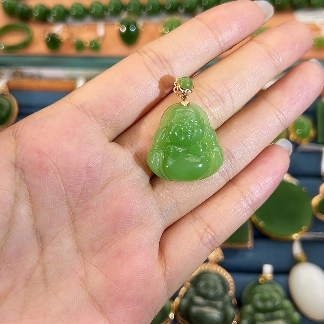 和田玉（碧玉）18K金镶嵌吊坠(不含链)苹果绿佛公22mm