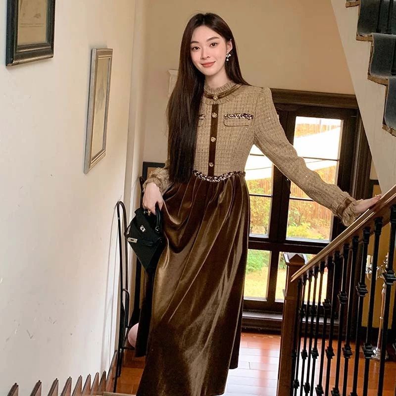 【有里布】秋冬季法式拼接连衣裙女小香风设计感长裙QJ0268