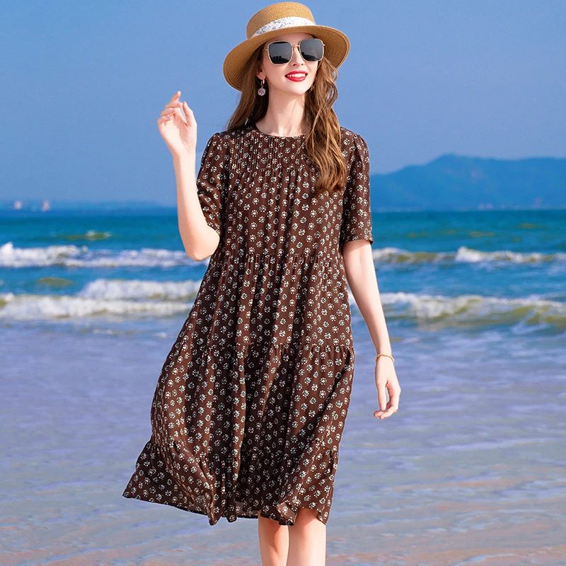 普拉妮新款100%桑蚕丝显瘦长裙宽松夏季休闲气质时尚连衣裙626