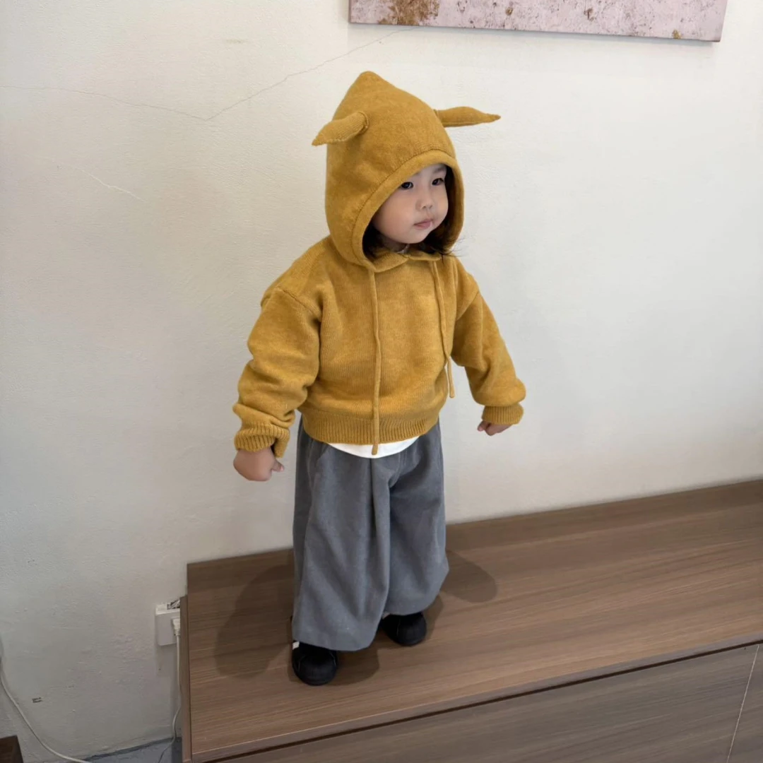 壹妈韩版童装女童秋季套装洋气儿童黄色连帽针织毛衣阔腿裤两件套
