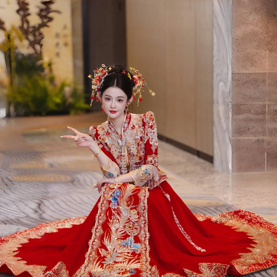 丝绒秀禾服新娘服装结婚婚服新款高级中式嫁衣新中式重工出阁礼服