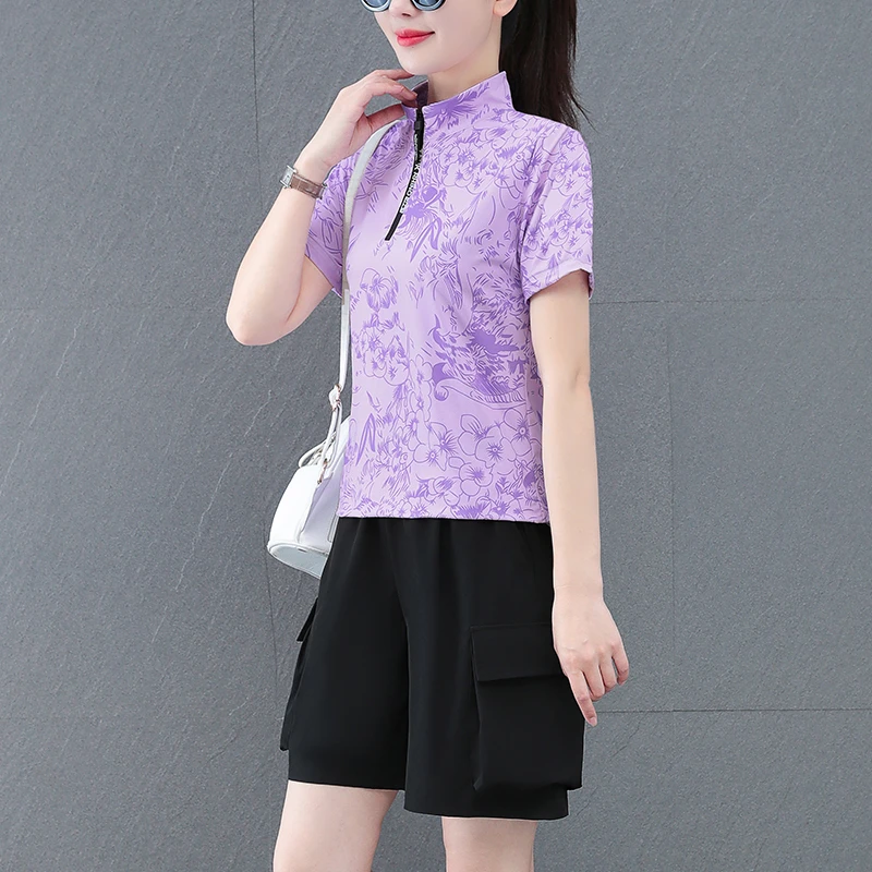 夏季新款休闲套装女透气立领健身显瘦运动宽松工装短裤两件套