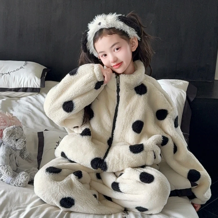 女童睡衣女款2025新款冬加厚儿童珊瑚绒套装女孩冬季法兰绒家居服