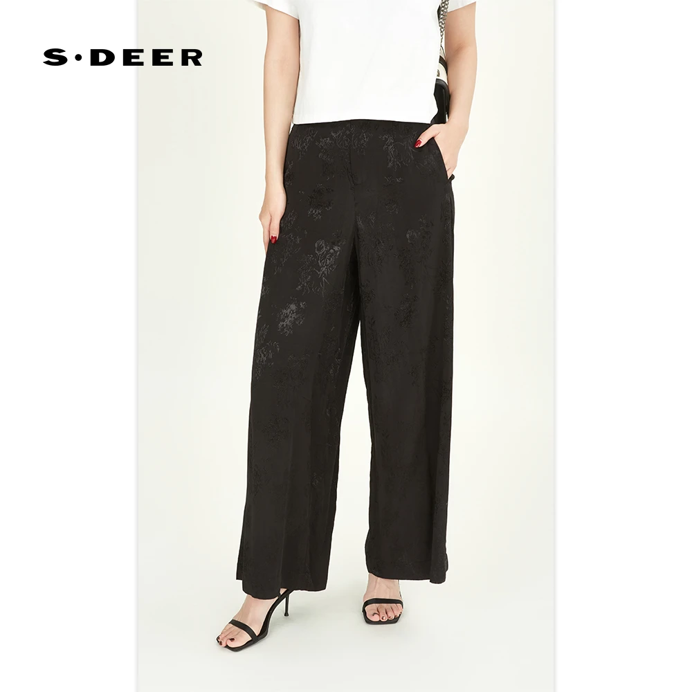 S·DEER圣迪奥女装直筒时尚休闲黑色印花提花百搭裤子S242Z0804