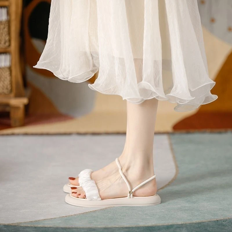 凉鞋女平底2025夏季新款软底仙女风一字带时尚百搭外穿厚底罗马鞋