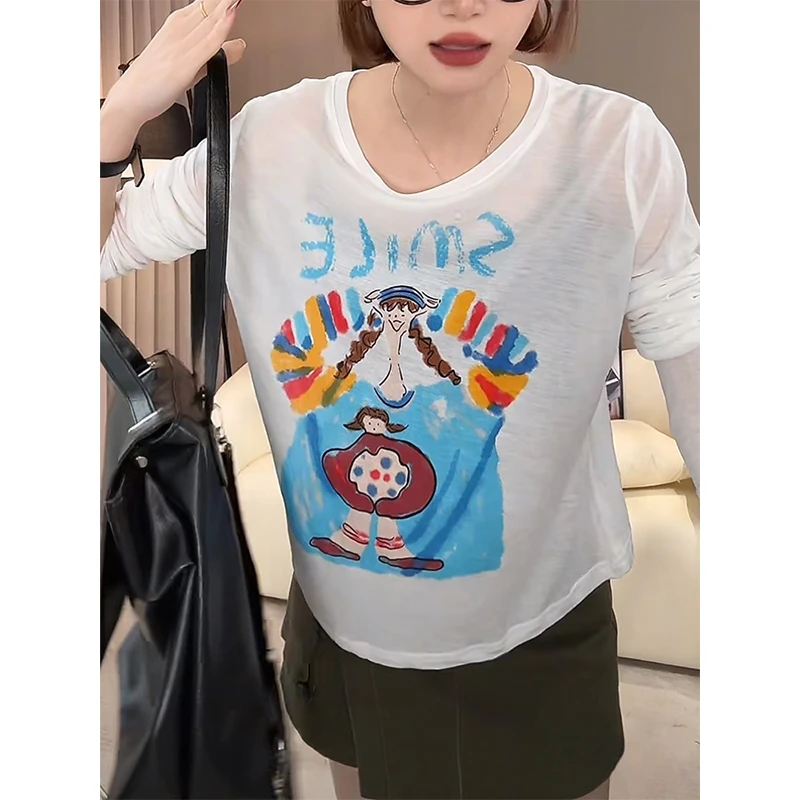 夏季薄款防晒T恤女2025新款韩系短款修身显瘦超好看印花半袖上衣