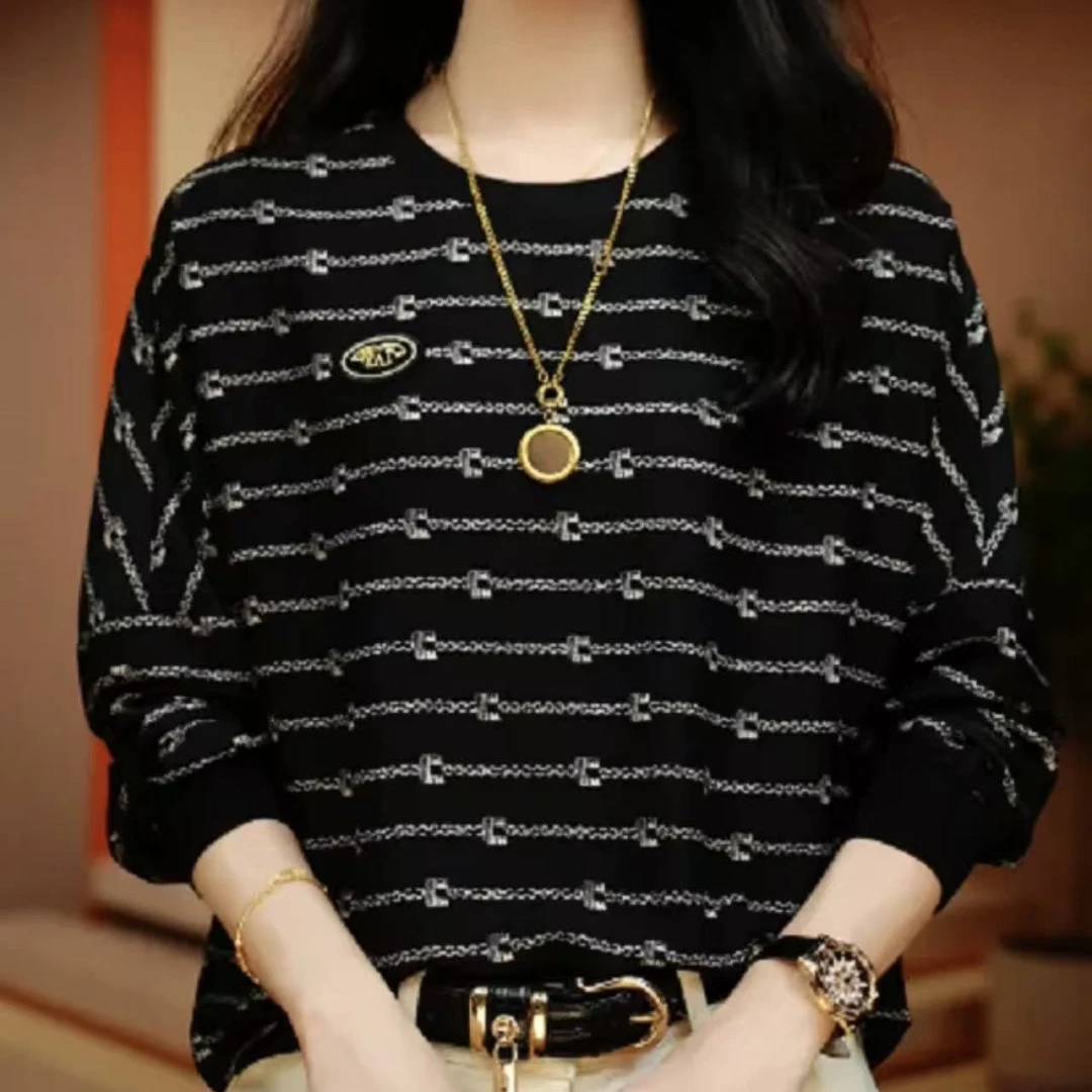 气质2025春季新款长袖时尚上衣女宽松显瘦百搭印花宽松圆领减龄