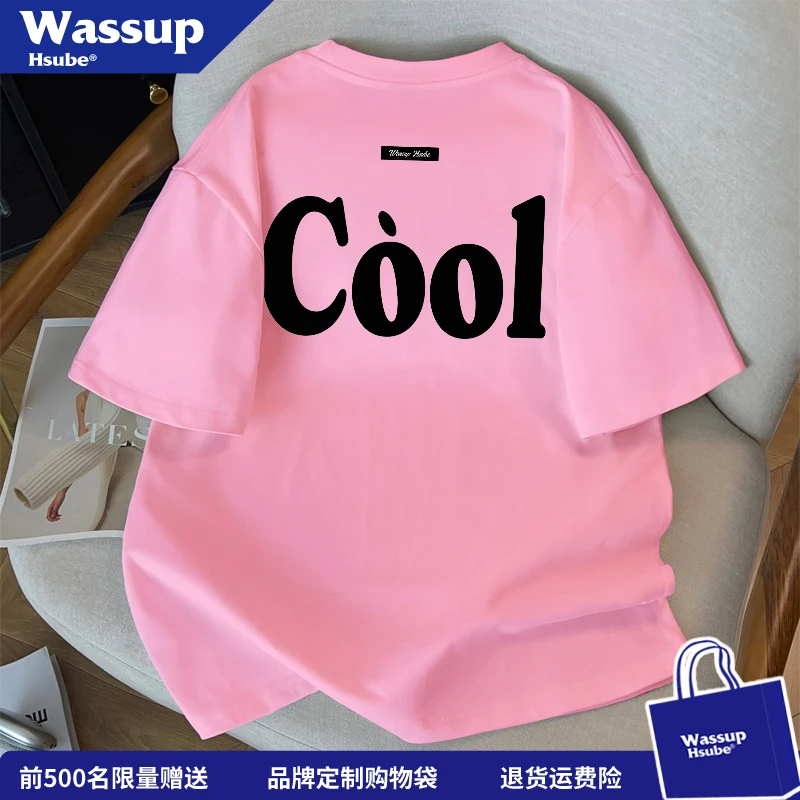 WASSUP HSUBE通勤简约风粉红色短袖T恤男女夏季字母印花潮流上衣