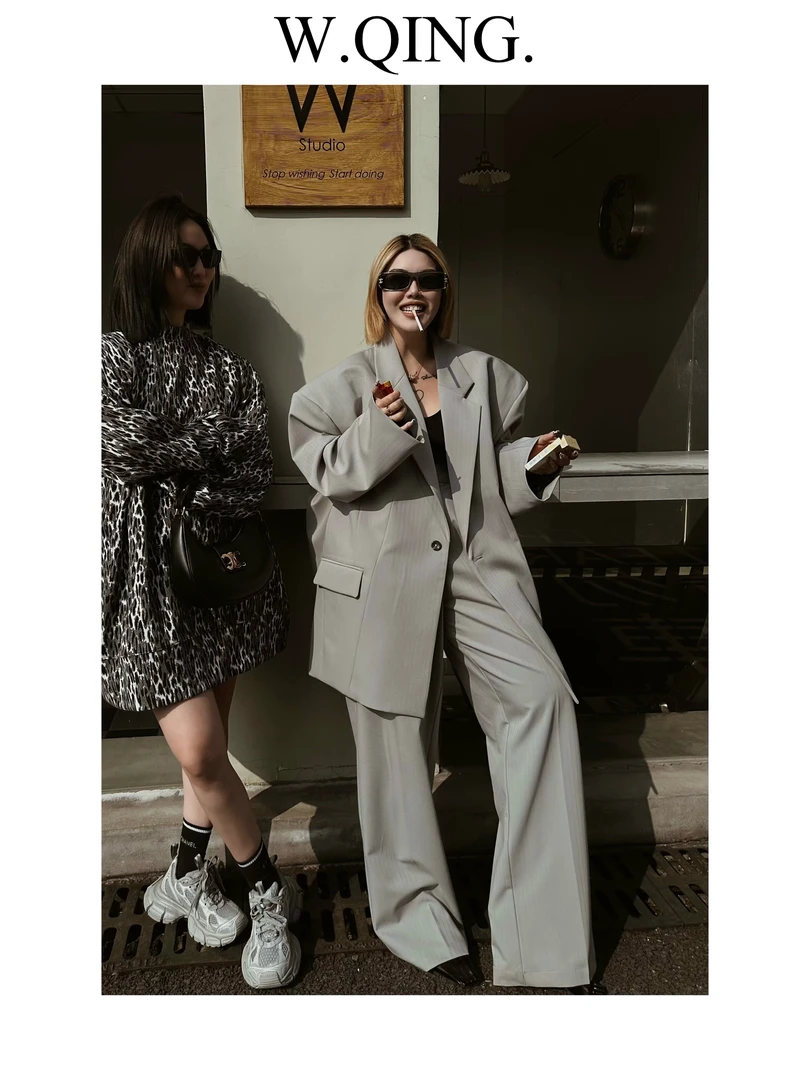 【W.QING】定制款灰色暗条高级感春秋西装套装女