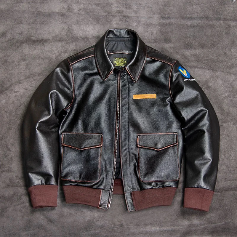 新款 A2大逃亡进口无涂小牛皮纯手工擦色飞行服男装真皮皮衣潮流