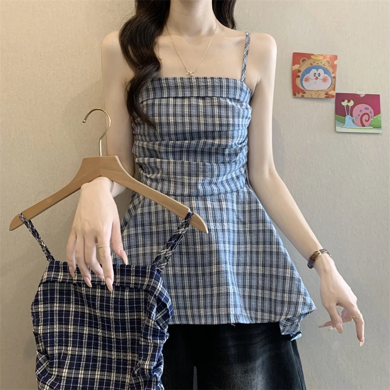 韩版时尚夏季新款辣妹风撞色格子荷叶边收腰显瘦遮肚子吊带背心女