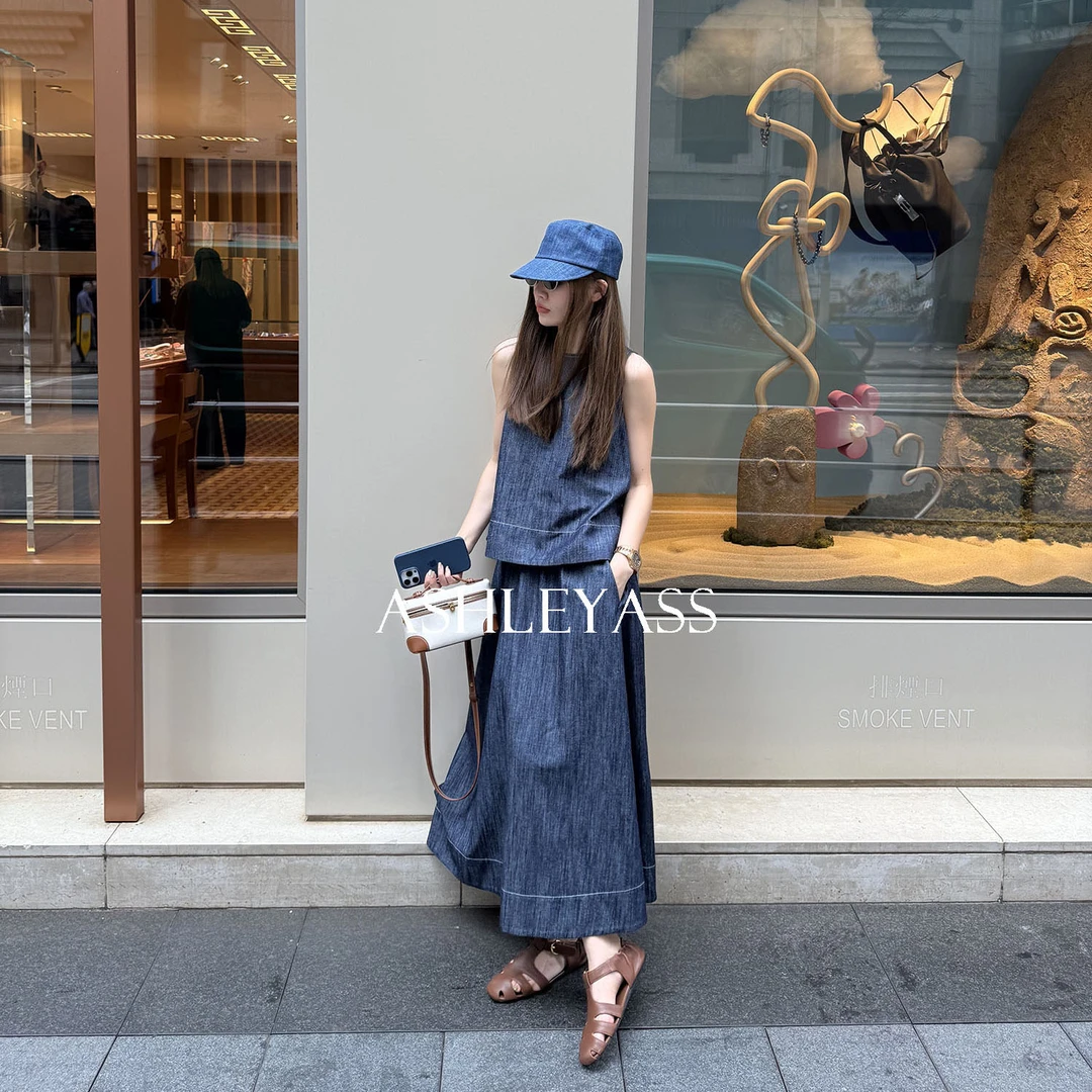 【ASHLEYASS】“清迈亚麻半裙”隐形侧缝插袋牛仔蓝半身裙LSQ250570R