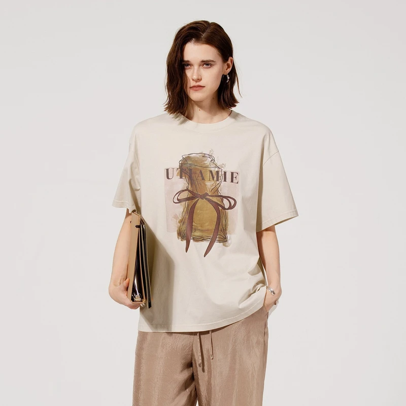 U/TI 复古香水瓶印花T恤夏季新款慵懒风宽松短袖时尚上衣