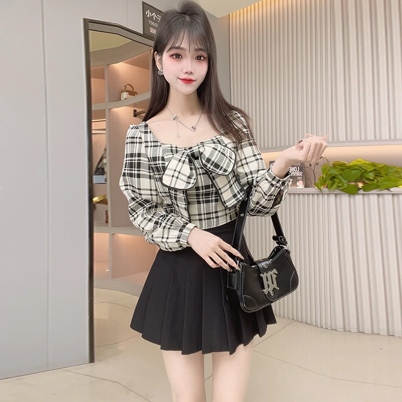 法式复古蝴蝶结格子衬衫女装2025春季新款设计感纯欲收腰短款上衣