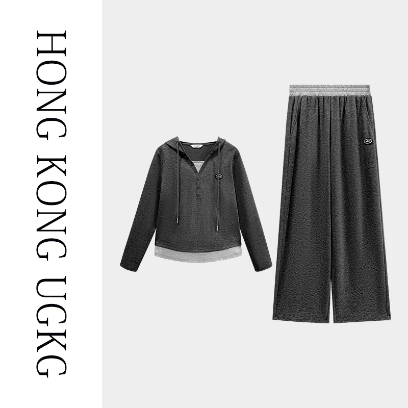 香港UG&KG 女春妈妈装连帽上衣宽松显瘦休闲裤两件套-73243ZH033