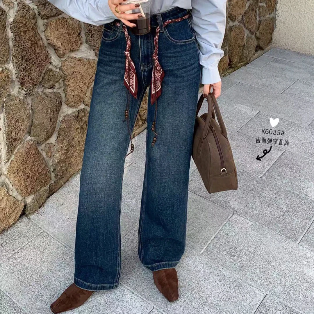 6035意凡摩登丝带点缀锥形牛仔裤女显瘦时尚设计感十足