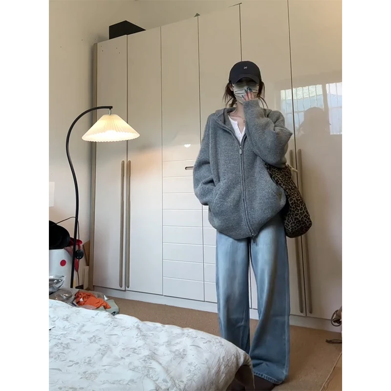 MARIE.COCO秋季新款软糯连帽针织开衫外套内搭上衣阔腿牛仔裤套装