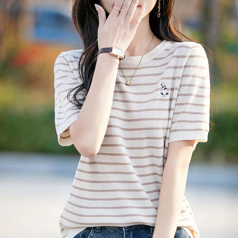 哥弟阿玛施正品条纹宽松兔子刺绣百搭上衣夏季圆领短袖针织T恤衫