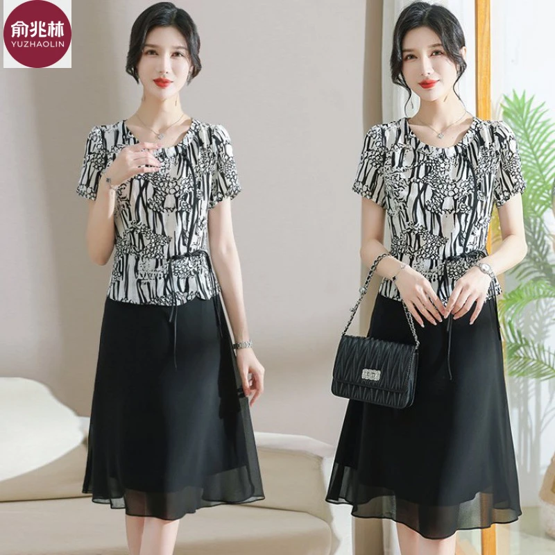 俞兆林妈妈装夏款高贵雪纺连衣裙2025夏季中老年女装遮臀半