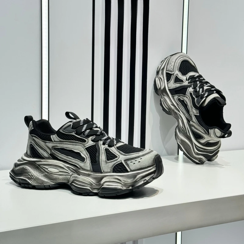 法莎尼亚复古网面老爹鞋时尚潮流耐磨增高做旧百搭防滑男士休闲鞋