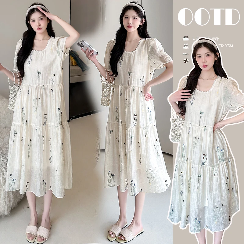 孕妇装2025夏季新款法式温柔风刺绣碎花裙子时尚中长款孕妇连衣裙