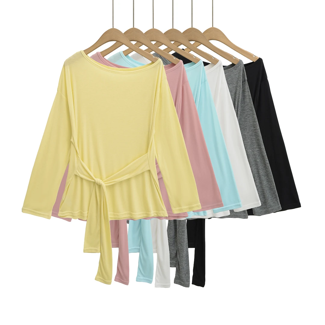 天丝白色斜肩系带长袖t恤女新款夏季宽松慵懒风纯色轻薄防晒上衣