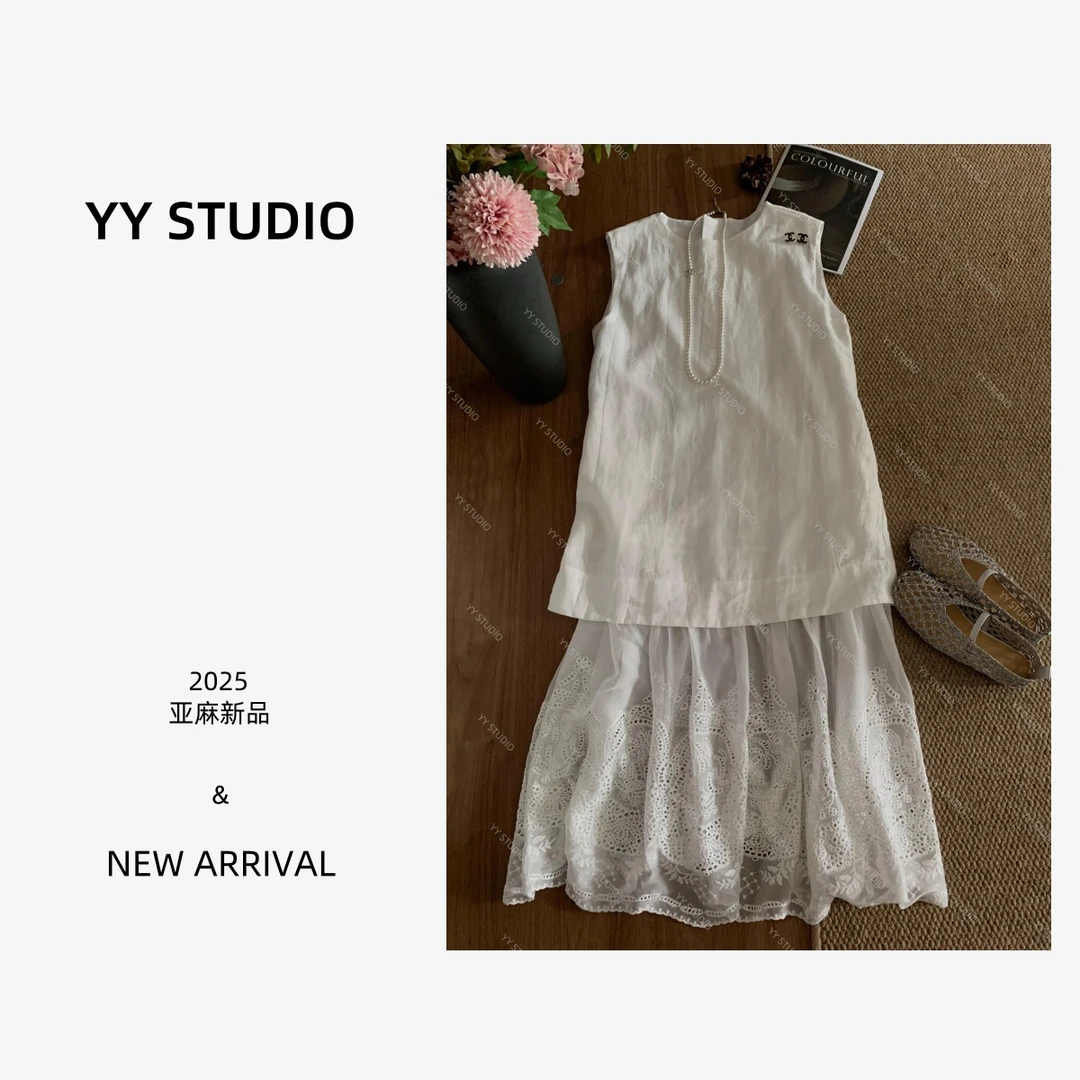 【YY STUDIO】格岚海岸 夏季亚麻洋气百搭假二件拼接刺绣连衣裙