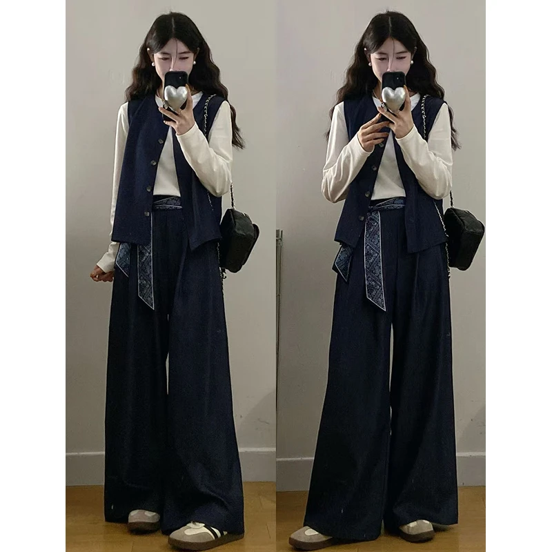 大码胖mm女装新款时尚节约长袖T恤马甲+阔腿裤三件套套装女