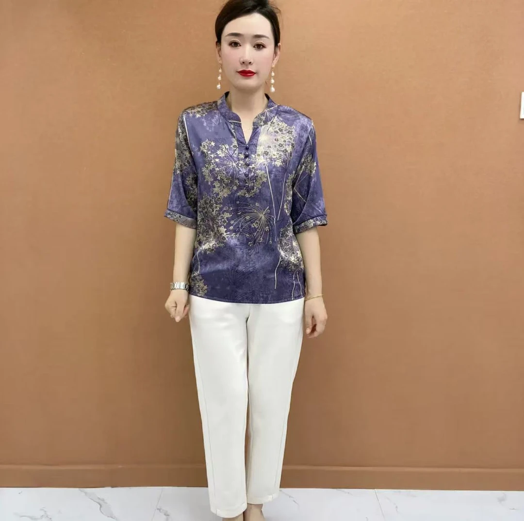 夏季休闲显瘦时尚气质妈妈装大码宽松印花中老年中袖小衫820款