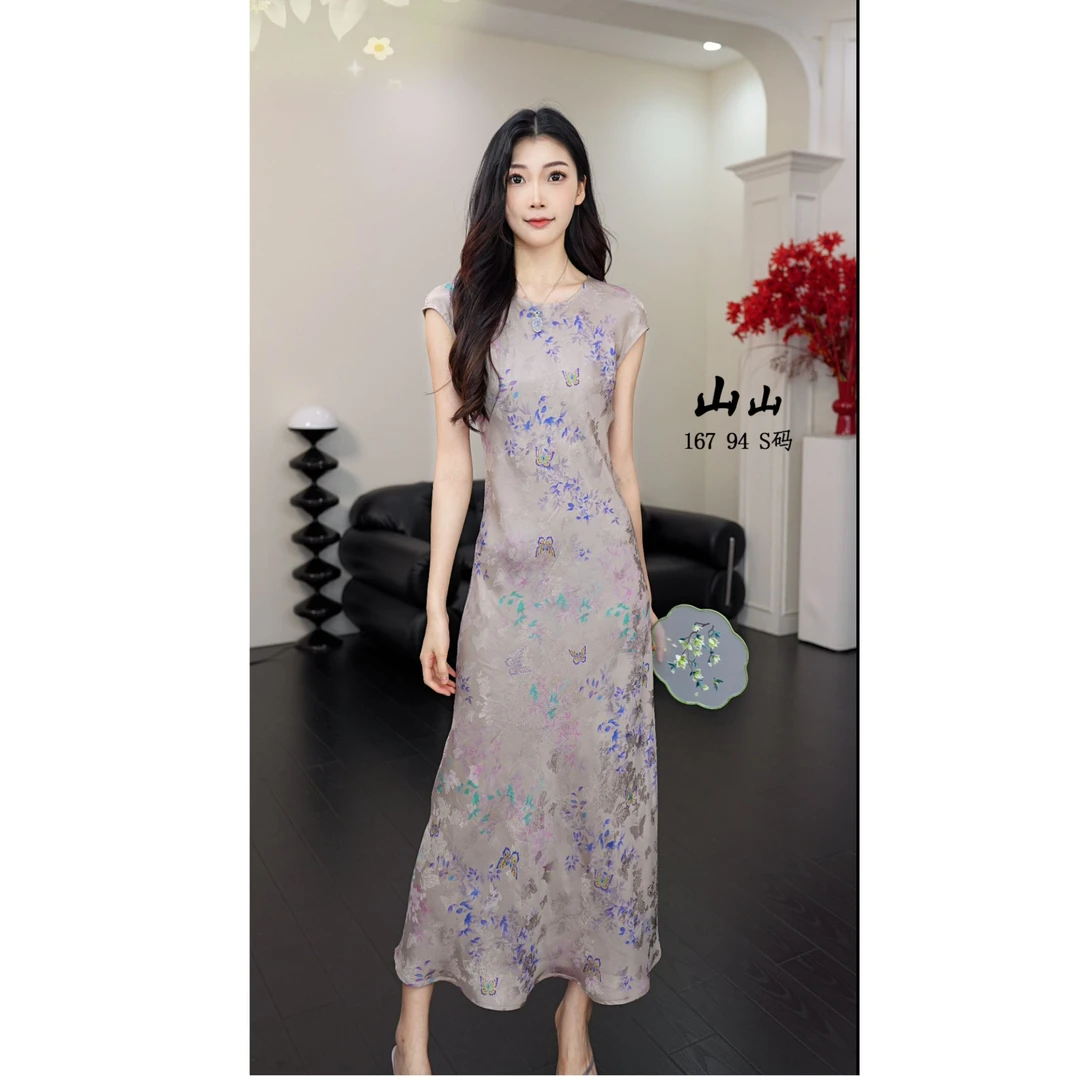 IONOY山山-G775夏季新款短袖长款法式优雅印花连衣裙禁机洗ZC