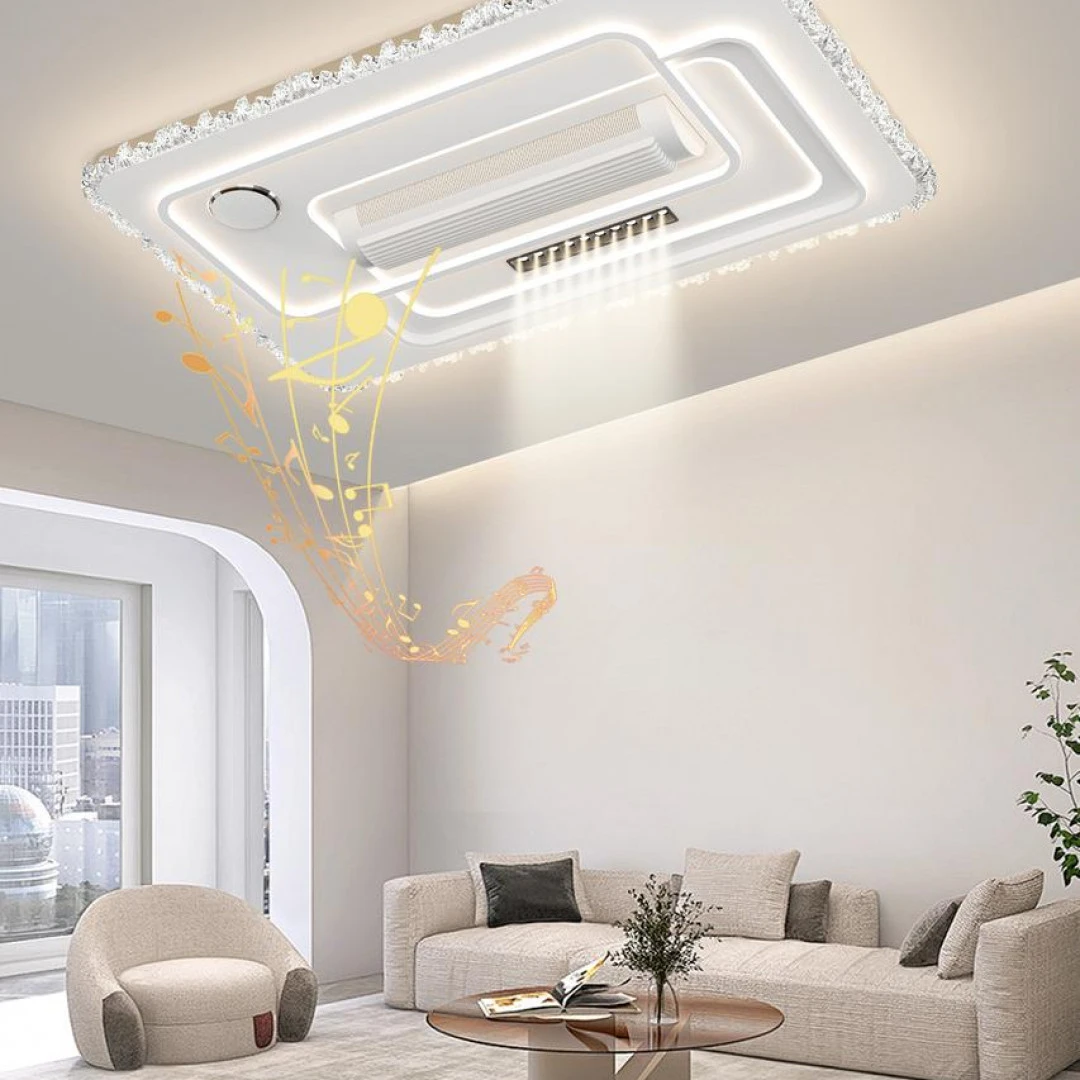 新款音响无叶风扇灯长方形客厅灯高端大气上档次带射灯语音遥控器