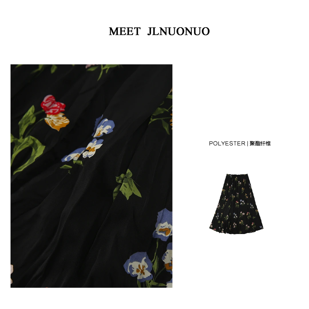 JLNUONUO   花夜夏夜花语黑底绿叶花朵半裙(短版)
