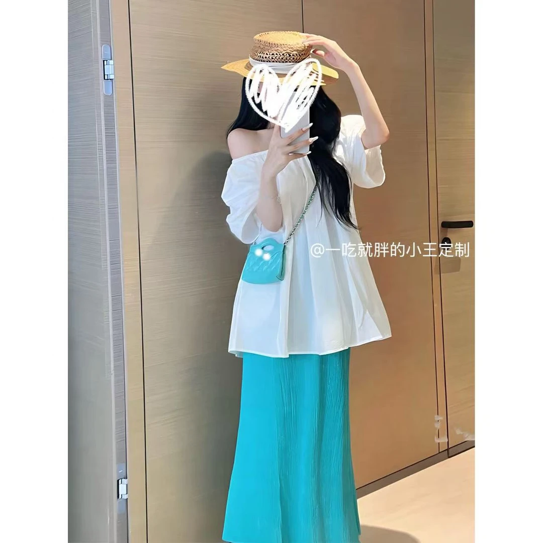 【小王家】韩系甜美宽松短袖衬衫胖MM夏季肌理感松紧腰垂感鱼尾套装