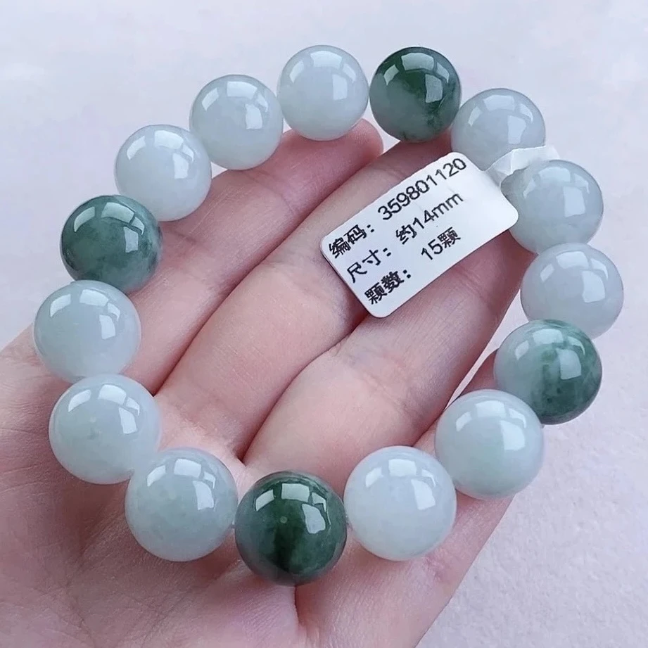 缅甸翡翠手串 卡14 天然A货 白冰飘绿花圆珠单圈手串 时尚 气质
