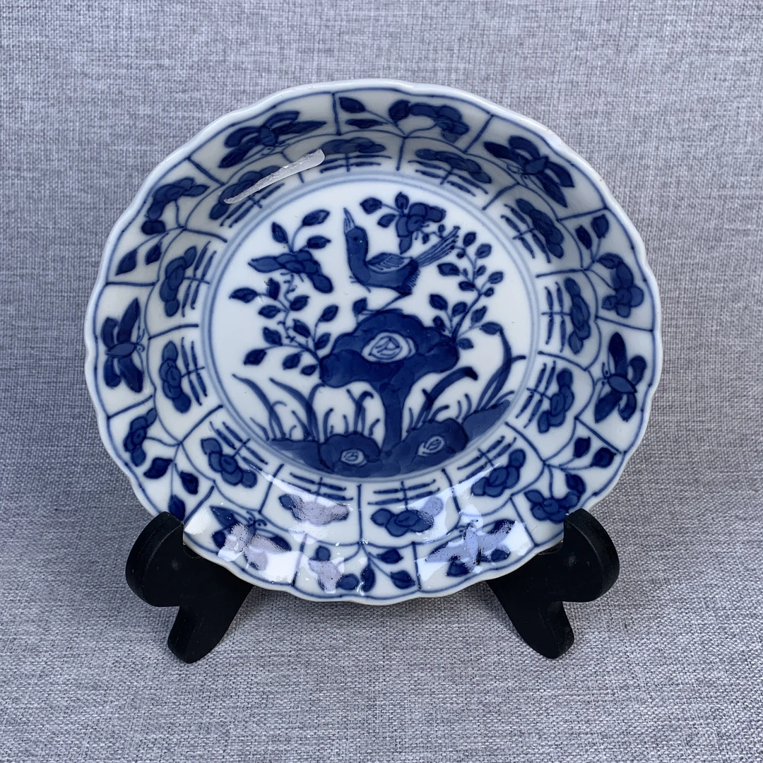 清代青花洞石花鸟盘古瓷器真品国营镇江市文物商店库出3068103