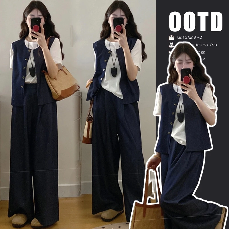 恩朵熊孕妇装时尚高级感牛仔马甲短袖T恤阔腿裤三件套时尚显瘦