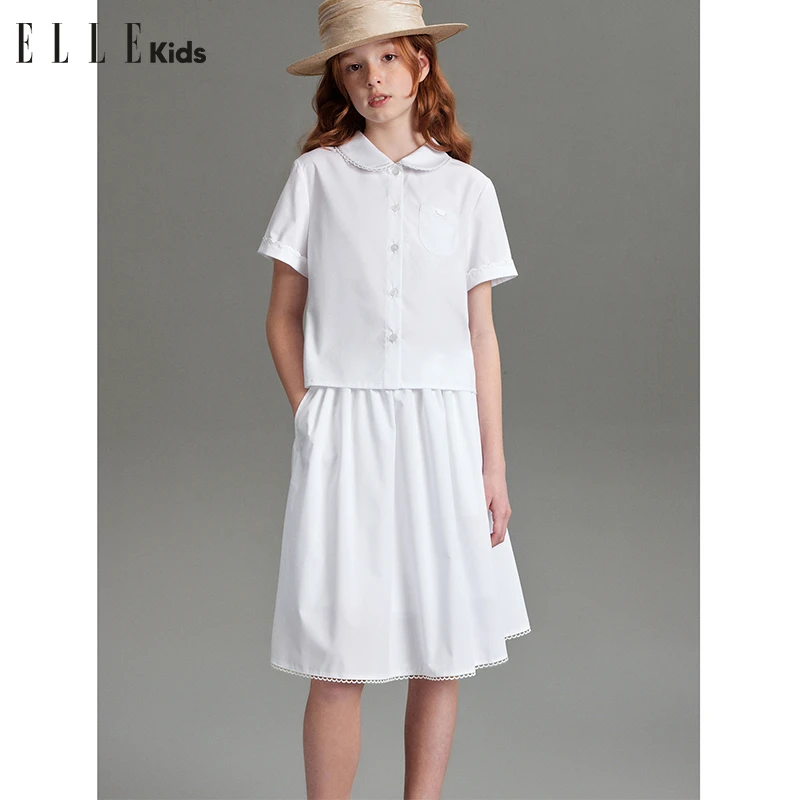 ELLE KIDS童装 学院风蕾丝花边套装拼接翻领衬衫+蕾丝拼接半裙A4