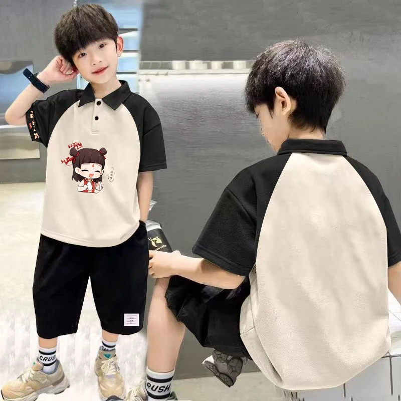 国潮哪吒男童夏季套装2025新款儿童酷帅夏装中大童男孩有领两件套