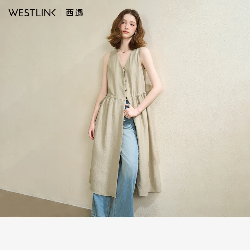 0661【舒适亚麻】慵懒随性肌理感背心裙女2025夏季V领收腰连衣裙