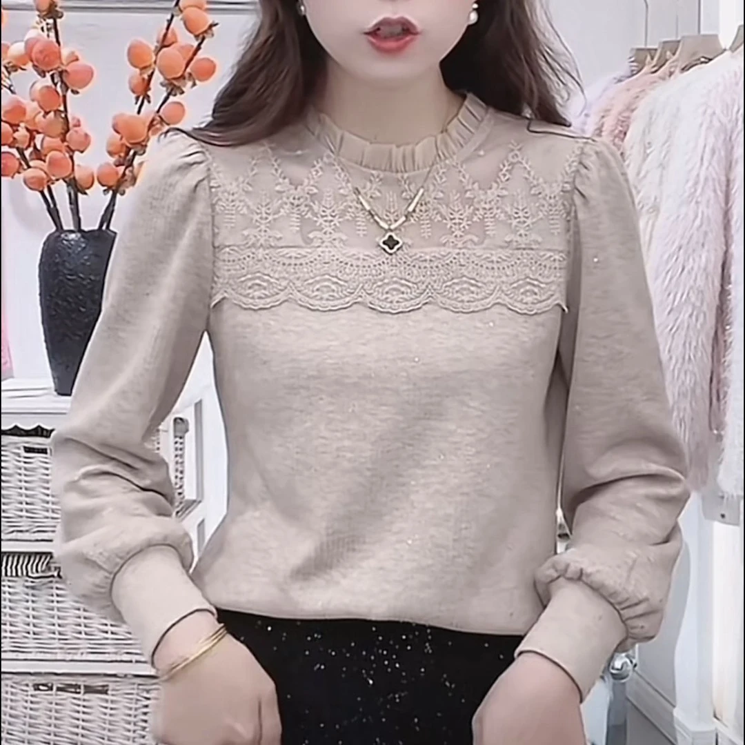 时尚加绒加厚蕾丝衫女冬季新款气质圆领内搭打底衫小个子保暖上衣