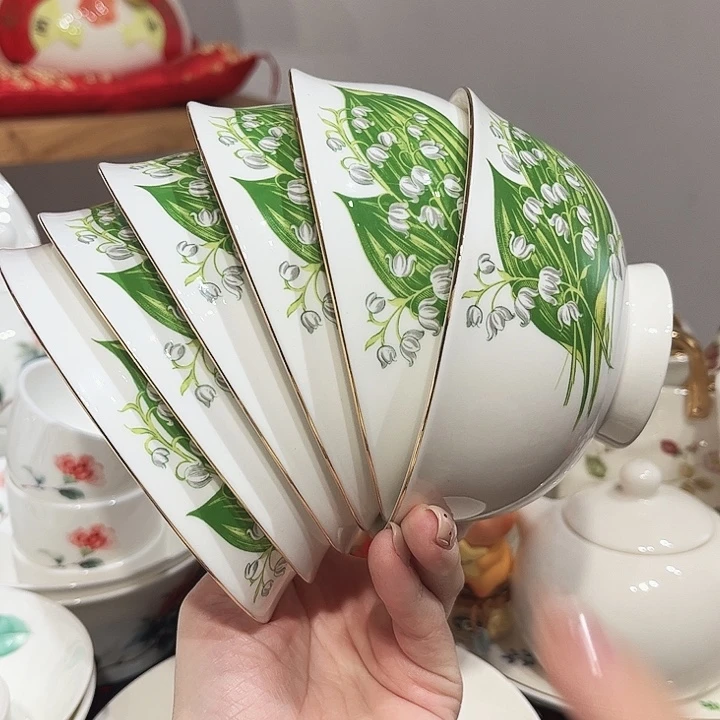 瓷片铃兰米碗6个瓷片瓷片
