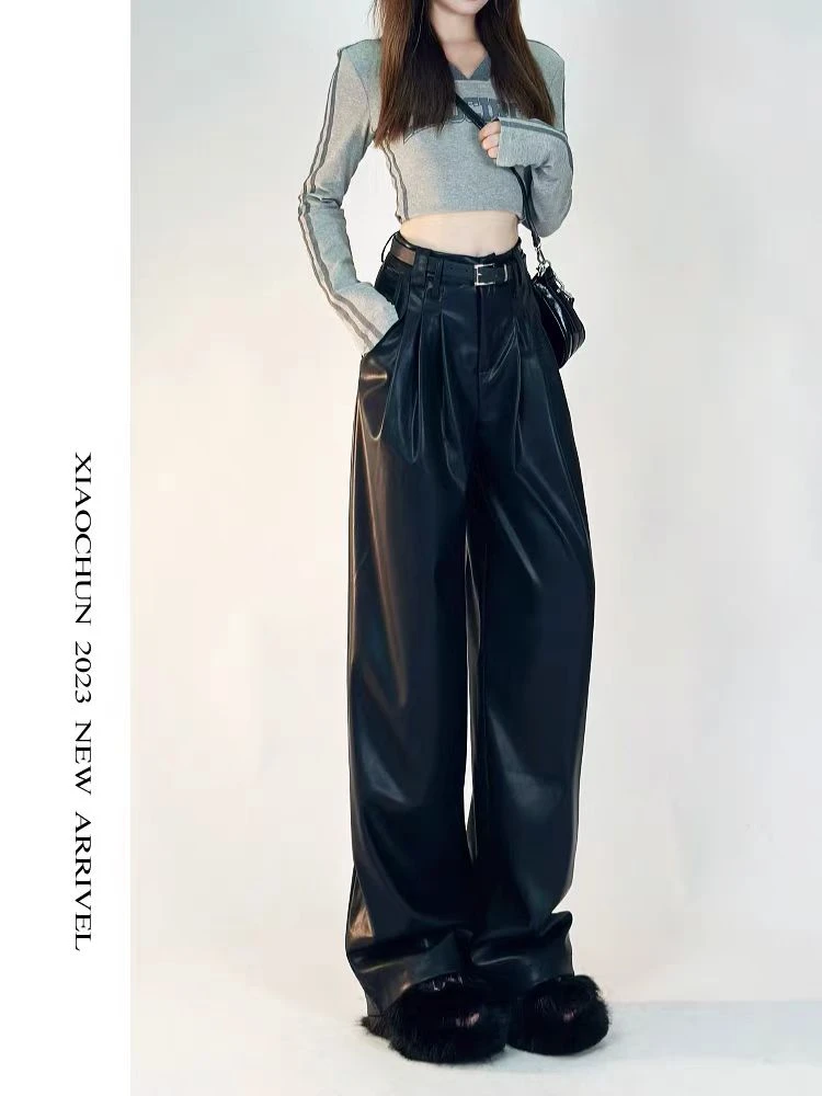 复古皮裤2025年春款PU皮设计感小众直筒阔腿裤子两件套Z218