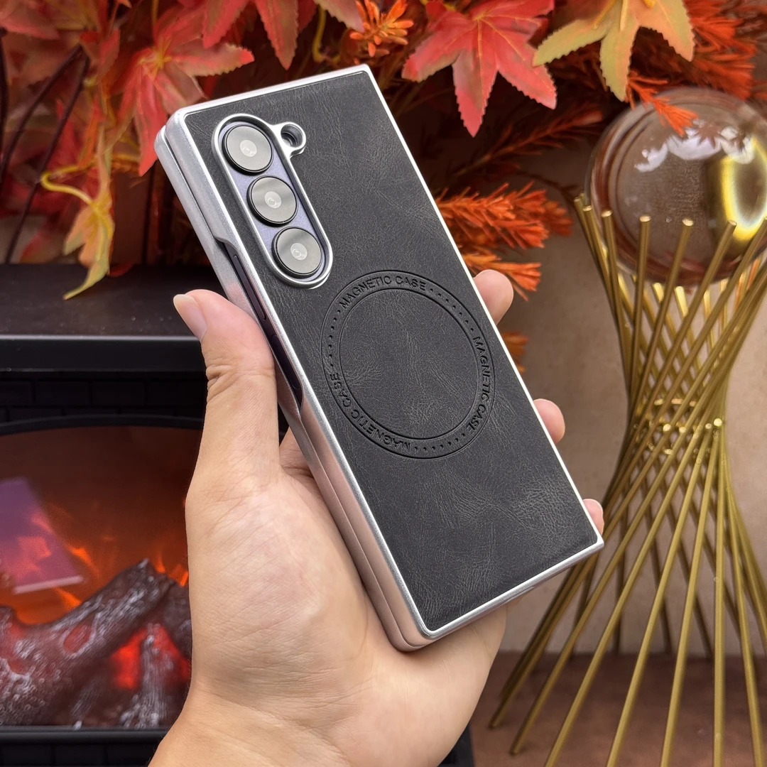 适用三星zfold6手机壳女款高档皮纹磁吸zfold345电镀w23折叠壳W24